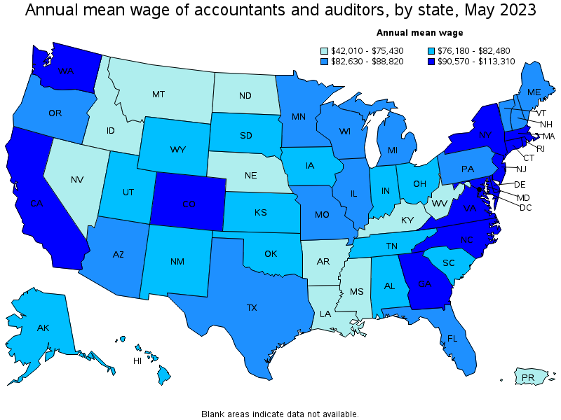 Map of annual mean wages of accountants and auditors by state, May 2021