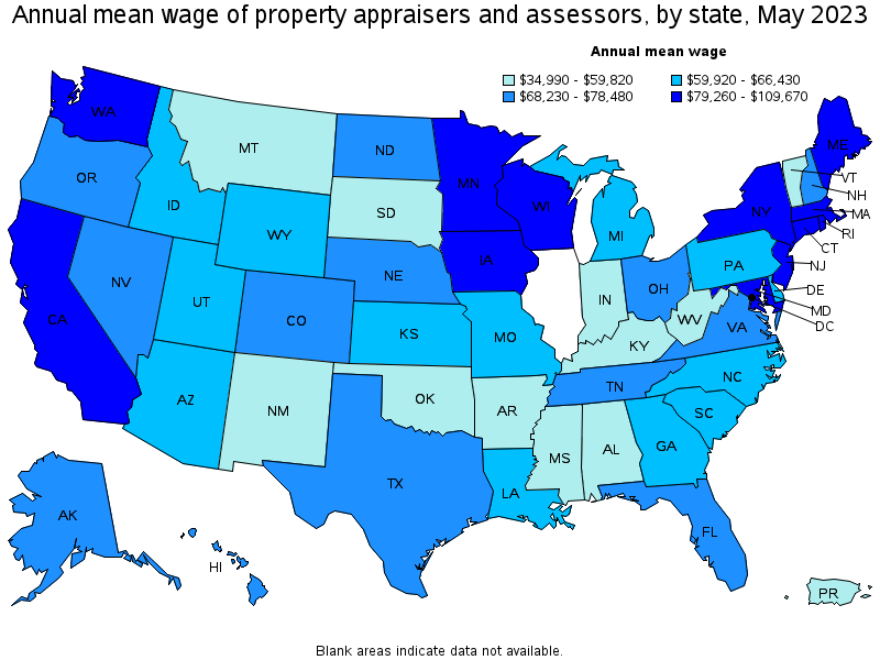 Map of annual mean wages of property appraisers and assessors by state, May 2021