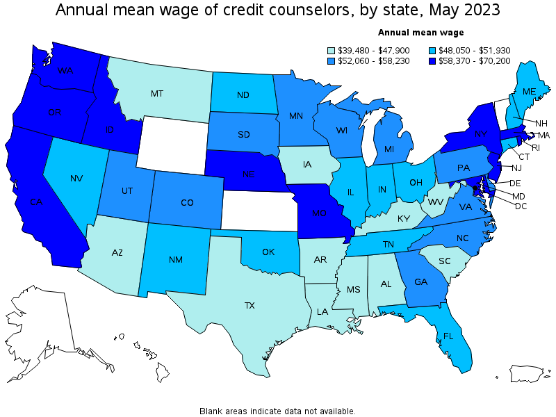 Map of annual mean wages of credit counselors by state, May 2021