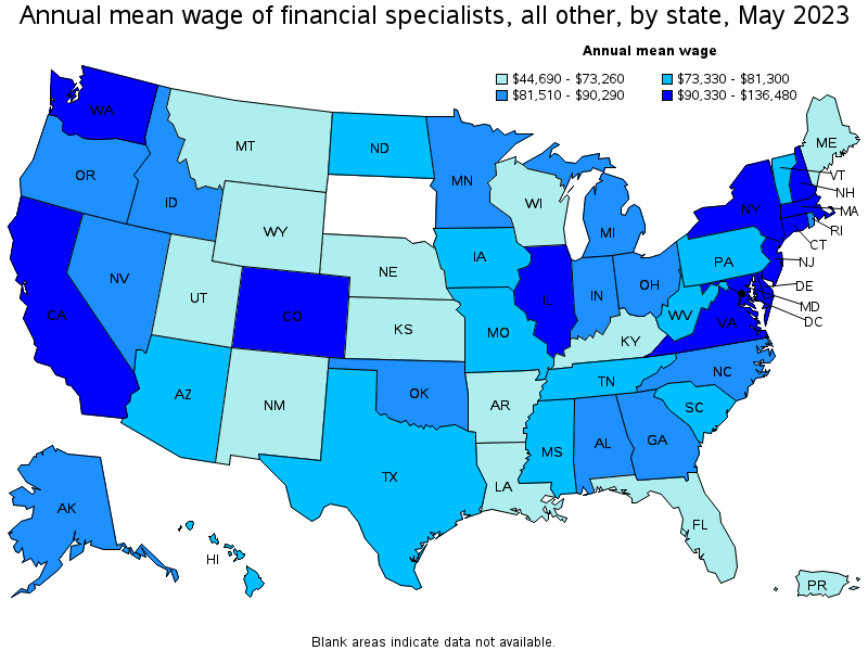 Map of annual mean wages of financial specialists, all other by state, May 2021