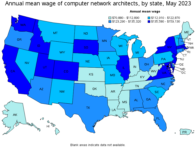 Map of annual mean wages of computer network architects by state, May 2021