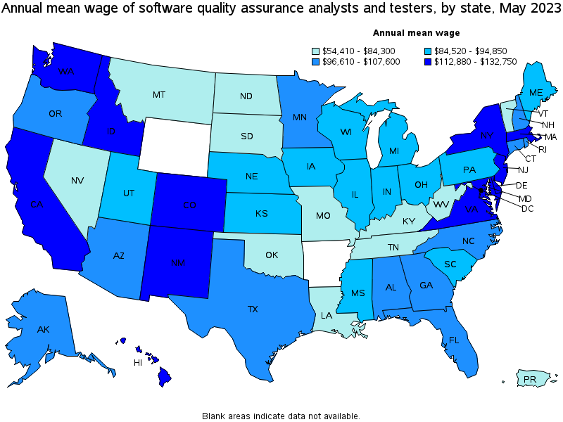 Map of annual mean wages of software quality assurance analysts and testers by state, May 2022