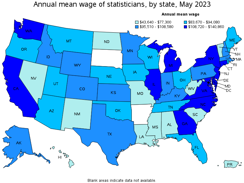 Map of annual mean wages of statisticians by state, May 2021