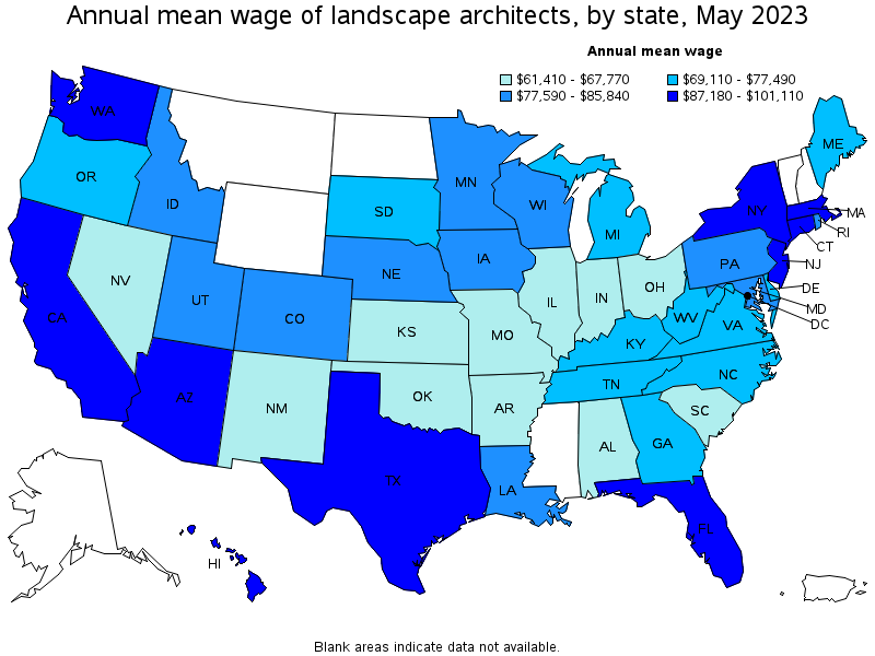 Map of annual mean wages of landscape architects by state, May 2022