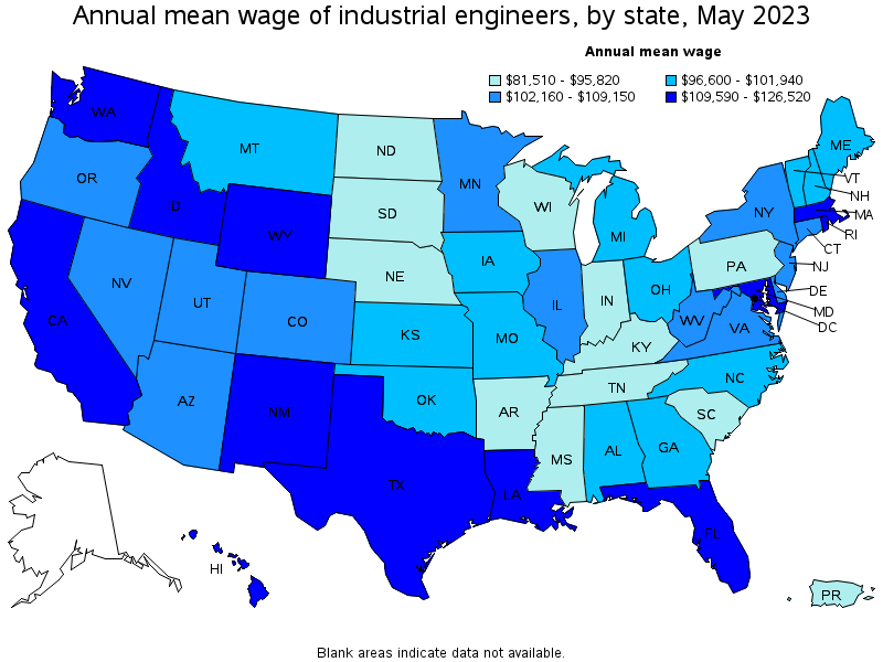 Map of annual mean wages of industrial engineers by state, May 2022
