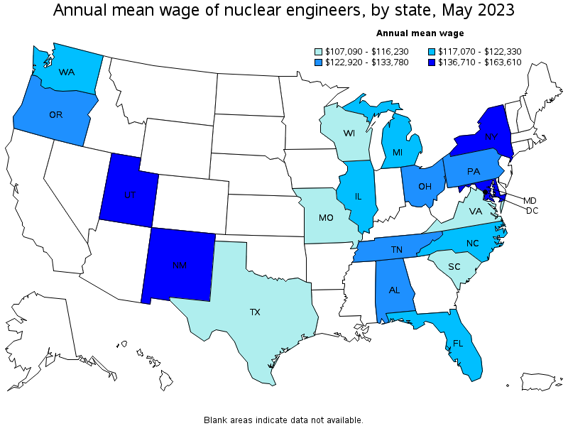 Map of annual mean wages of nuclear engineers by state, May 2022
