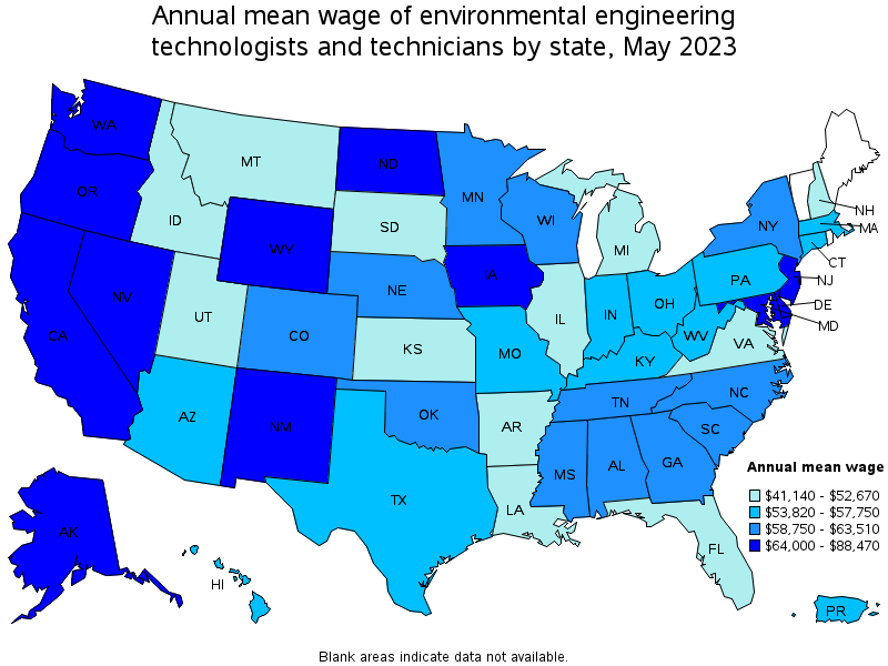 Map of annual mean wages of environmental engineering technologists and technicians by state, May 2021