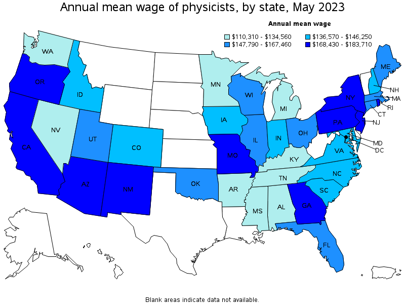 Map of annual mean wages of physicists by state, May 2021