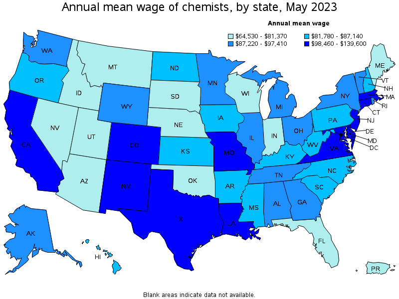 Map of annual mean wages of chemists by state, May 2021