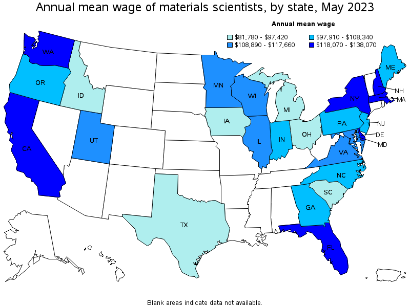 Map of annual mean wages of materials scientists by state, May 2021