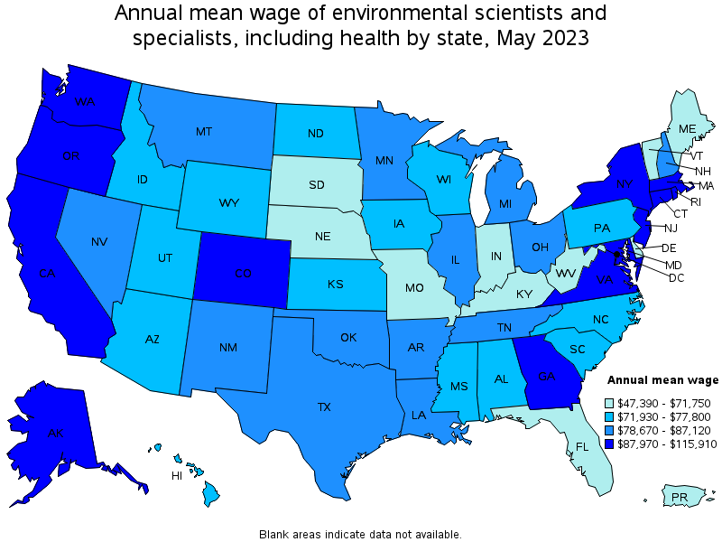 Map of annual mean wages of environmental scientists and specialists, including health by state, May 2021