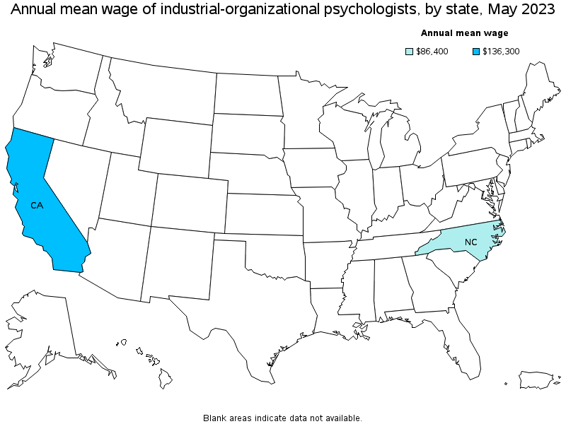 Map of annual mean wages of industrial-organizational psychologists by state, May 2023