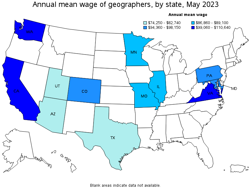Map of annual mean wages of geographers by state, May 2021
