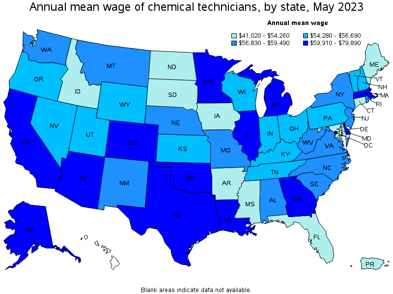 Map of annual mean wages of chemical technicians by state, May 2021