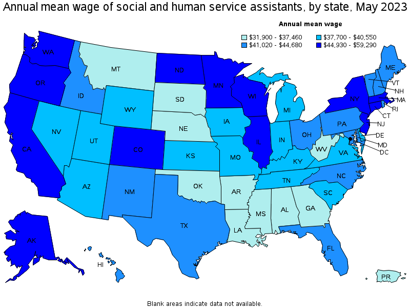Map of annual mean wages of social and human service assistants by state, May 2021