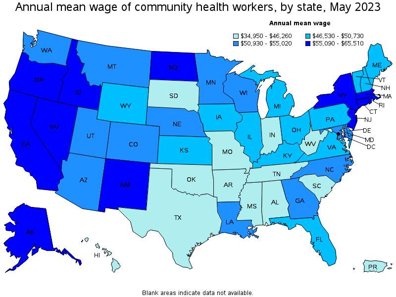 Map of annual mean wages of community health workers by state, May 2021