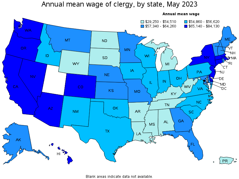 Map of annual mean wages of clergy by state, May 2022