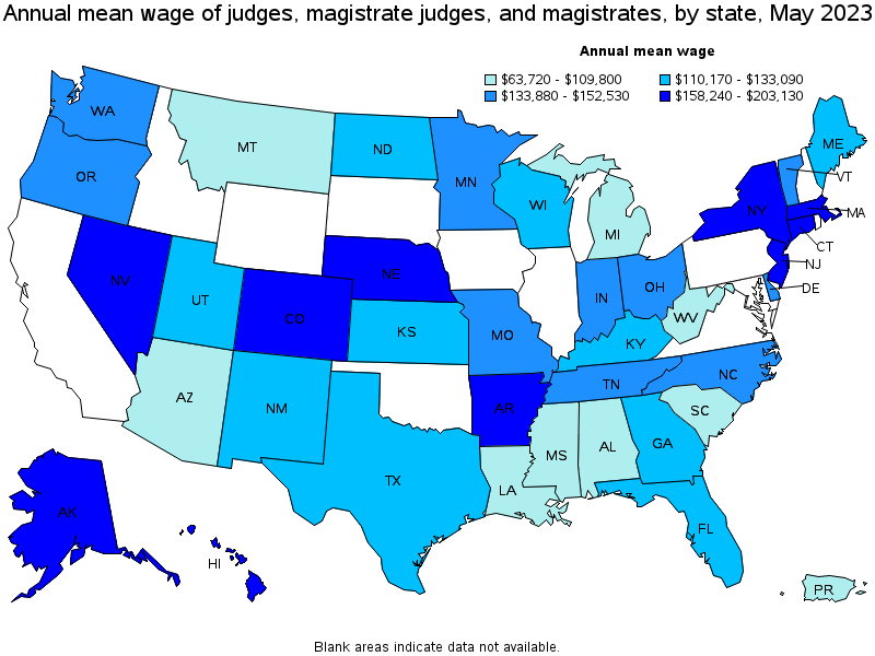 Map of annual mean wages of judges, magistrate judges, and magistrates by state, May 2021