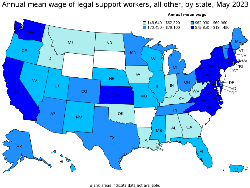 Map of annual mean wages of legal support workers, all other by state, May 2021
