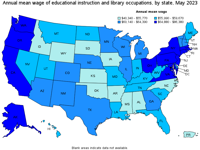 Map of annual mean wages of educational instruction and library occupations by state, May 2022