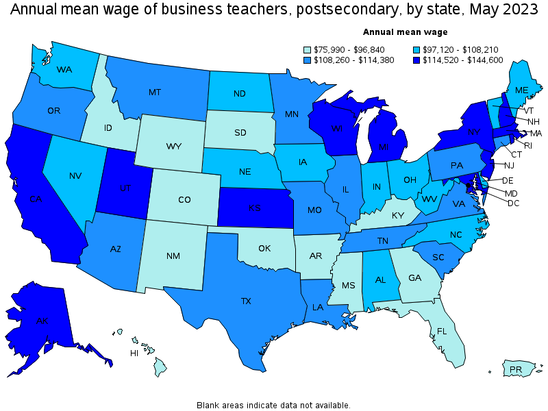 Map of annual mean wages of business teachers, postsecondary by state, May 2021