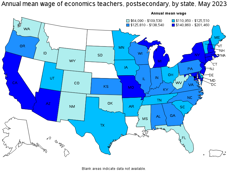Map of annual mean wages of economics teachers, postsecondary by state, May 2021