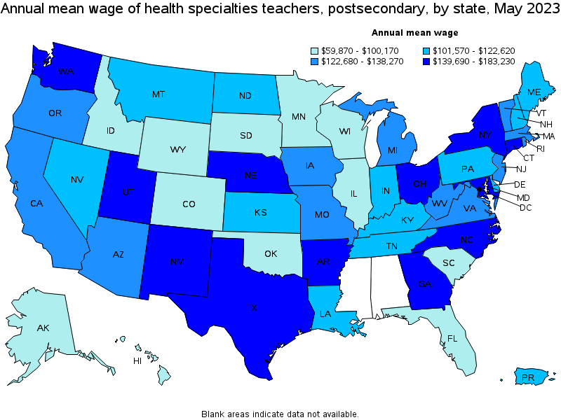 Map of annual mean wages of health specialties teachers, postsecondary by state, May 2021