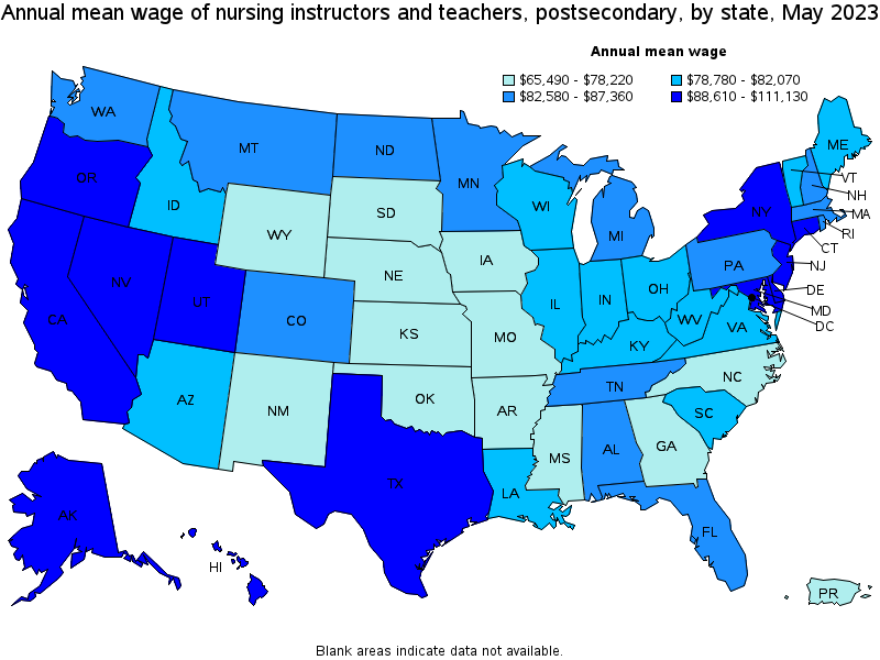 Map of annual mean wages of nursing instructors and teachers, postsecondary by state, May 2022