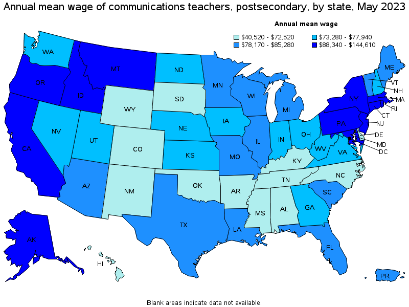 Map of annual mean wages of communications teachers, postsecondary by state, May 2021