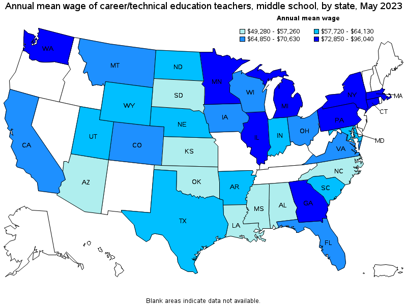 Map of annual mean wages of career/technical education teachers, middle school by state, May 2021