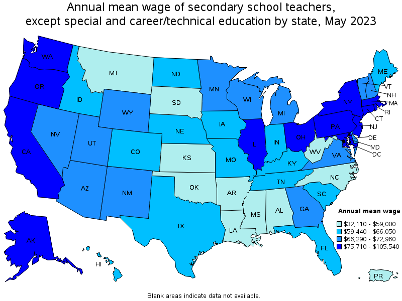Map of annual mean wages of secondary school teachers, except special and career/technical education by state, May 2021