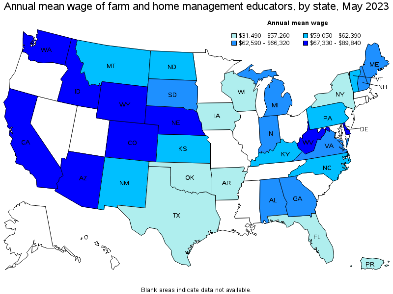 Map of annual mean wages of farm and home management educators by state, May 2021
