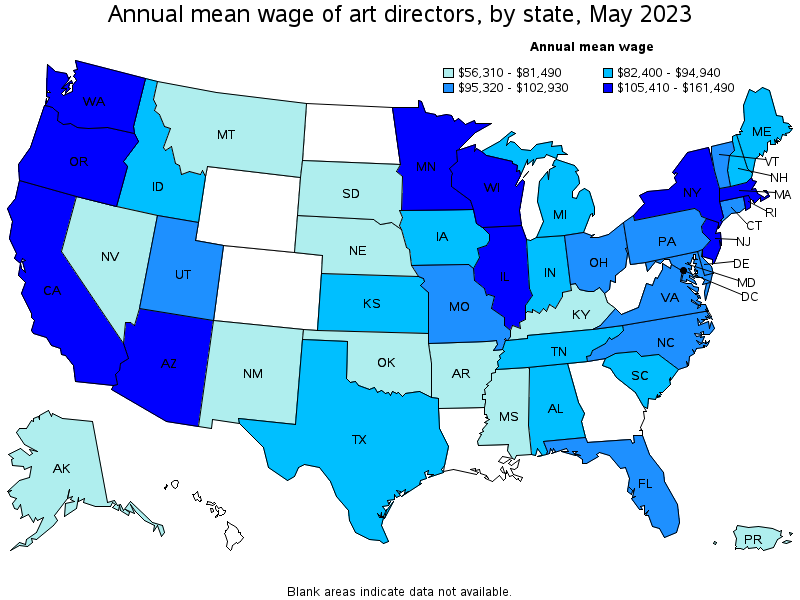 Map of annual mean wages of art directors by state, May 2021