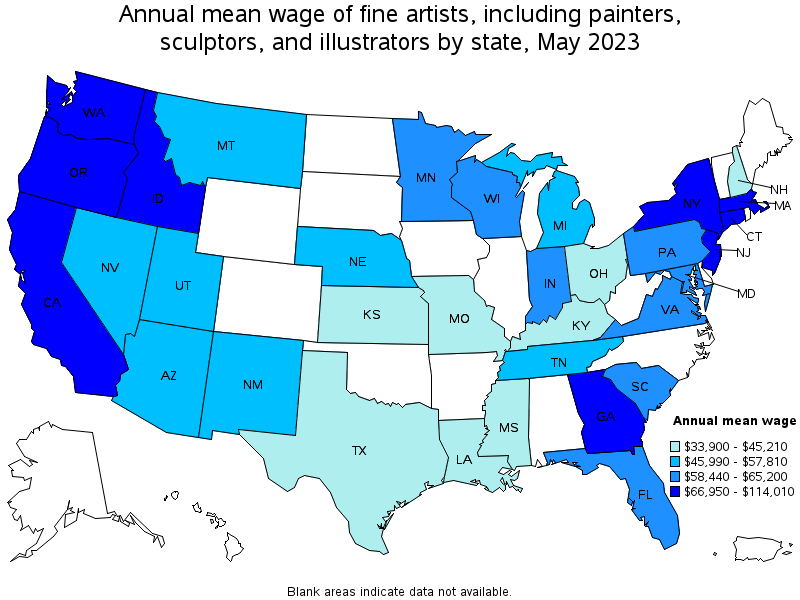 Map of annual mean wages of fine artists, including painters, sculptors, and illustrators by state, May 2022