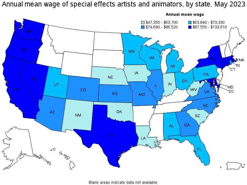 Map of annual mean wages of special effects artists and animators by state, May 2023