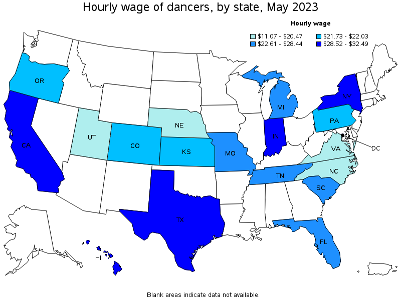 Map of annual mean wages of dancers by state, May 2021