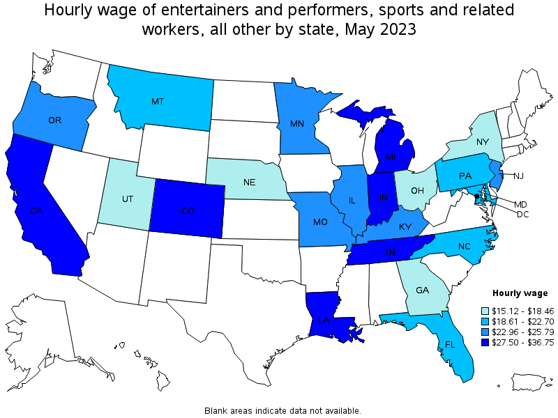 Map of annual mean wages of entertainers and performers, sports and related workers, all other by state, May 2021
