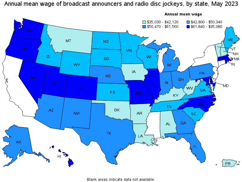 Map of annual mean wages of broadcast announcers and radio disc jockeys by state, May 2022