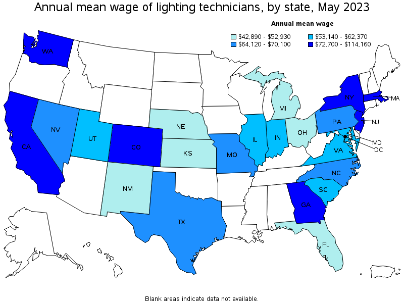 Map of annual mean wages of lighting technicians by state, May 2022