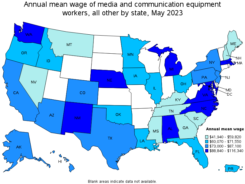 Map of annual mean wages of media and communication equipment workers, all other by state, May 2021