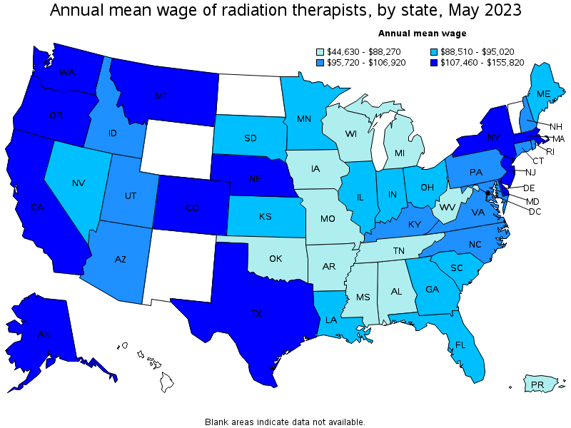 Map of annual mean wages of radiation therapists by state, May 2022