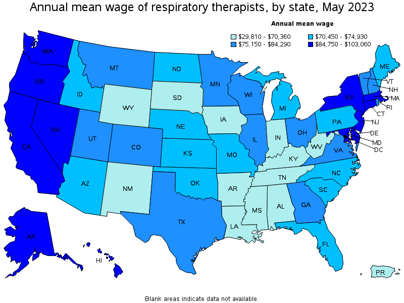 Map of annual mean wages of respiratory therapists by state, May 2021