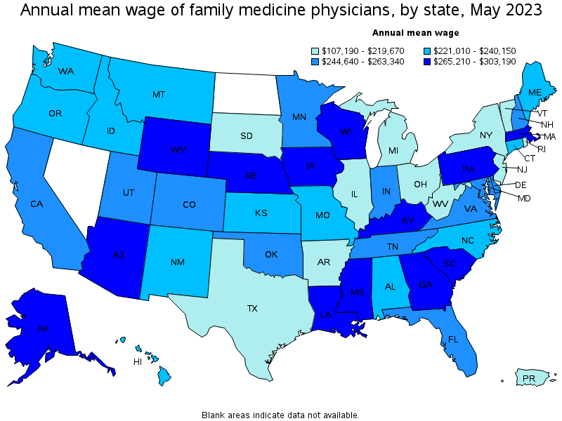 Map of annual mean wages of family medicine physicians by state, May 2022