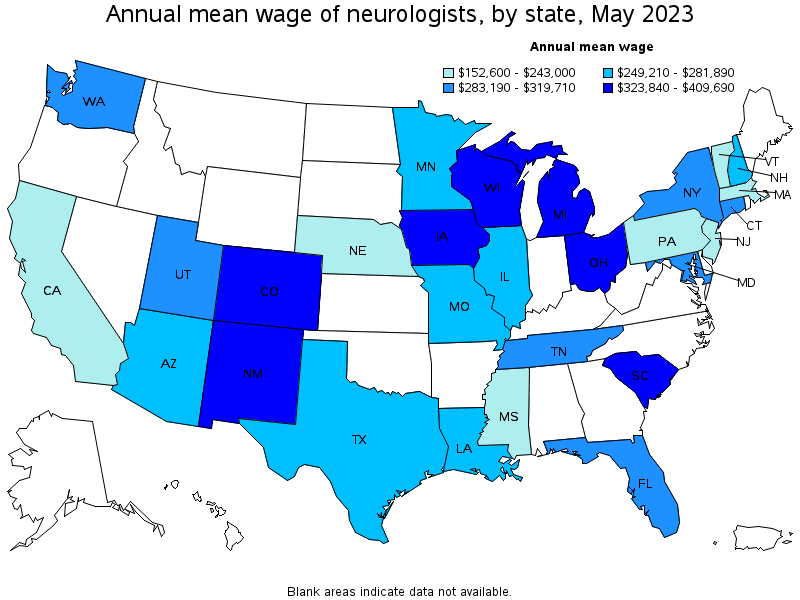 Map of annual mean wages of neurologists by state, May 2022