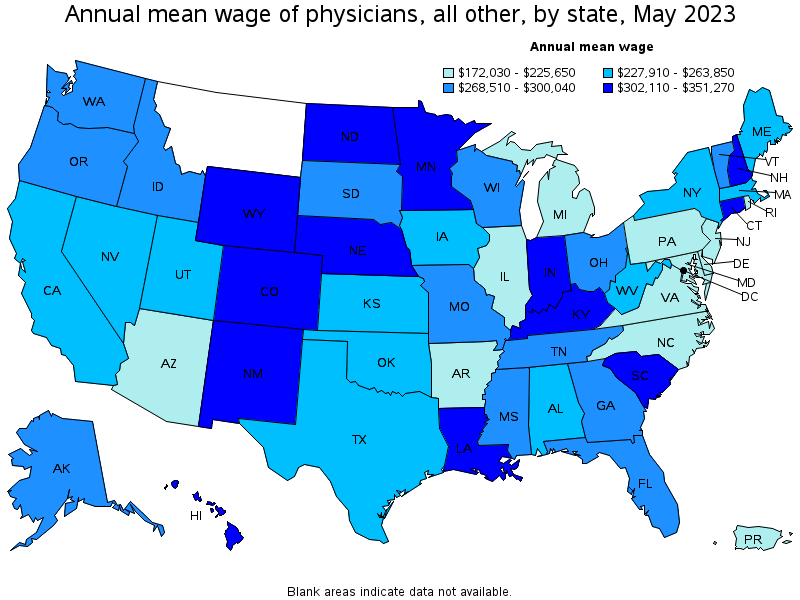 Map of annual mean wages of physicians, all other by state, May 2021