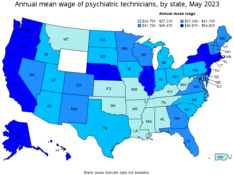 Map of annual mean wages of psychiatric technicians by state, May 2022