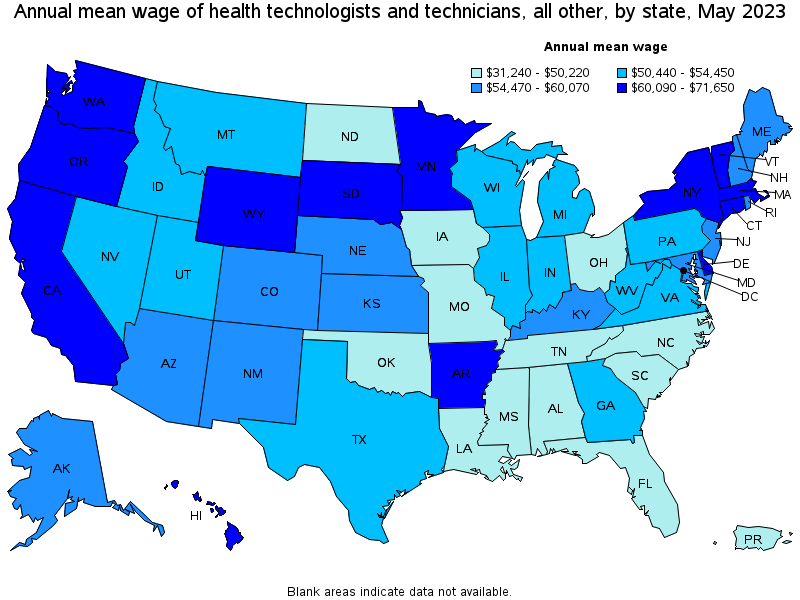 Map of annual mean wages of health technologists and technicians, all other by state, May 2021
