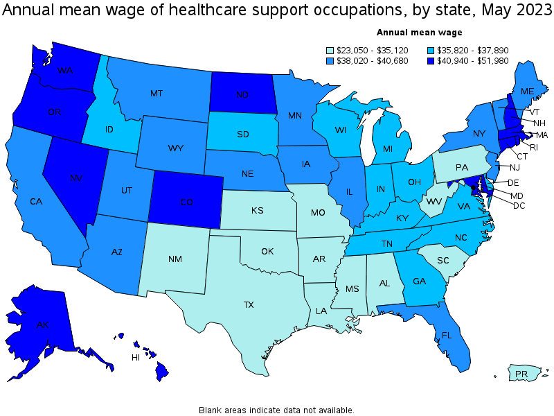 Map of annual mean wages of healthcare support occupations by state, May 2021