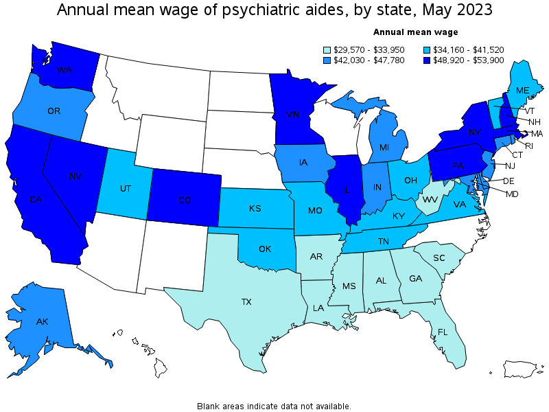 Map of annual mean wages of psychiatric aides by state, May 2023