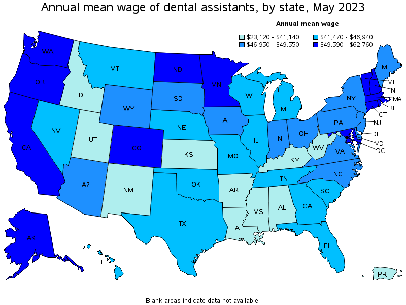 Map of annual mean wages of dental assistants by state, May 2021
